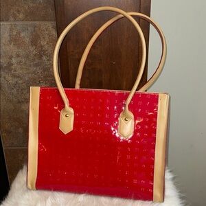Large red patent leather Arcadia hand bag tan leather trim classic statement